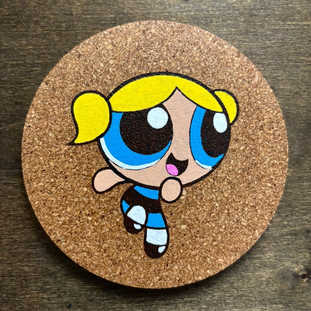 Powerpuff Girls Bubbles Laser Engraved Painted Cork Coaster